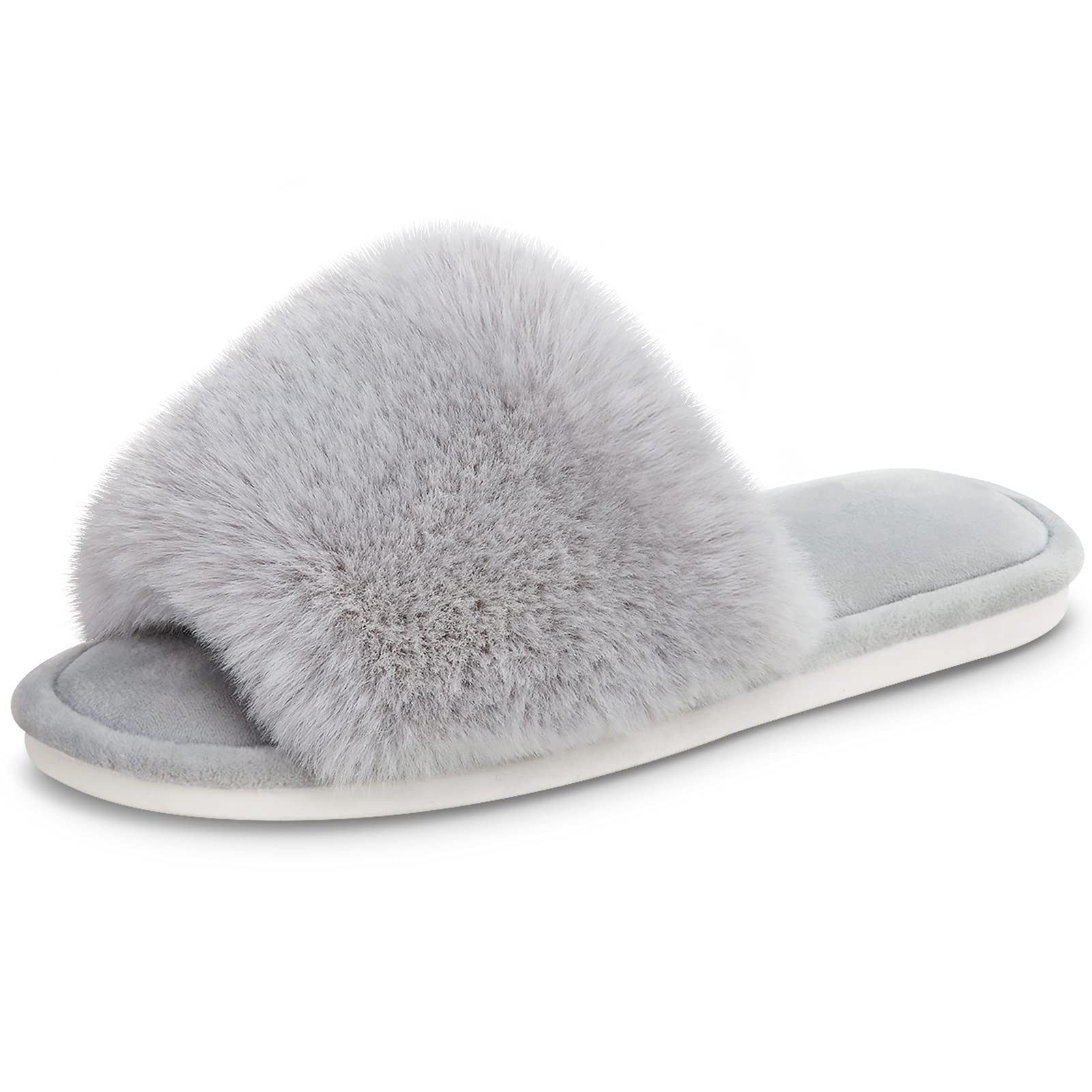 Parlovable Women'S Faux Fur Slippers Fuzzy Flat Spa Fluffy Open Toe House Shoes Indoor Outdoor Slip On Memory Foam Slide Sandals