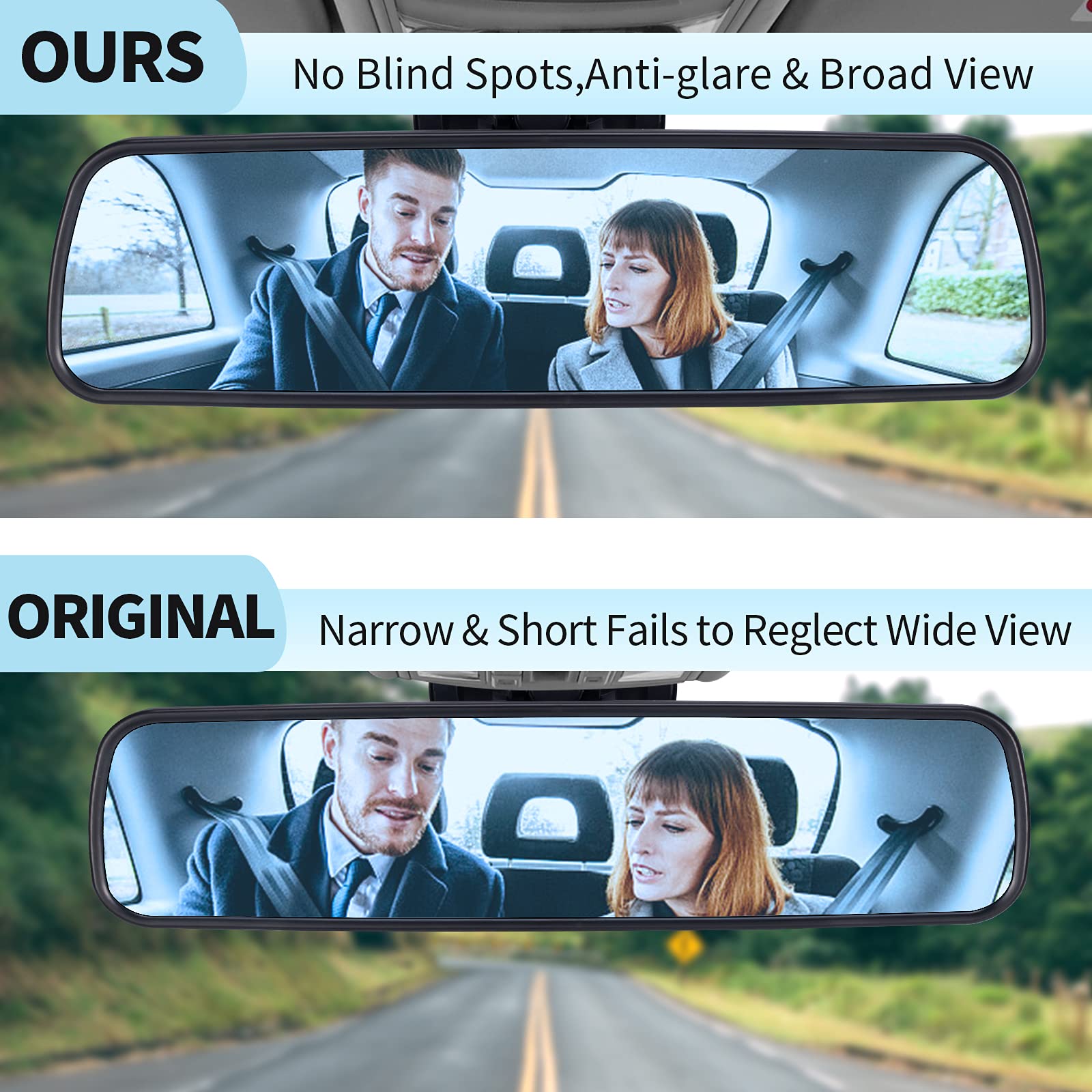 Wontolf 12'' Rear View Mirror Universal Rearview Mirror Interior Anti-glare Frameless Panoramic Wide Angle HD RearView Mirror wi