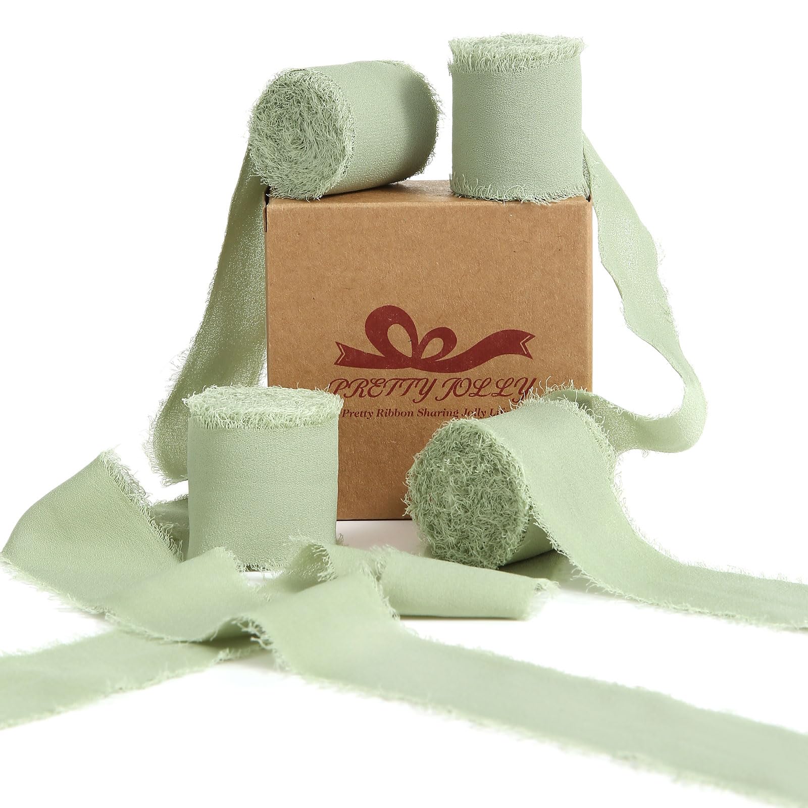 Pretty Jolly Green Chiffon Ribbon for Gift Wrapping 4 Rolls 1 1/2 Inch x 5Yd Silk Ribbons Handmade Fringe Fabric Ribbon for Flow