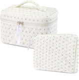 Hyfant 2Pcs Floral Quilted Makeup Bag Set Coquette Makeup Bags Large Cotton Cosmetic Bag Cute Makeup Bag with Bow Pattern Portab