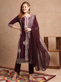 Anni Designer Women'S Rayon Blend Straight Embroidered Kurta With Pant & Dupatta (Trp Wine-Vks01_Xl_Wine_X-Large),Wine,XL,,,