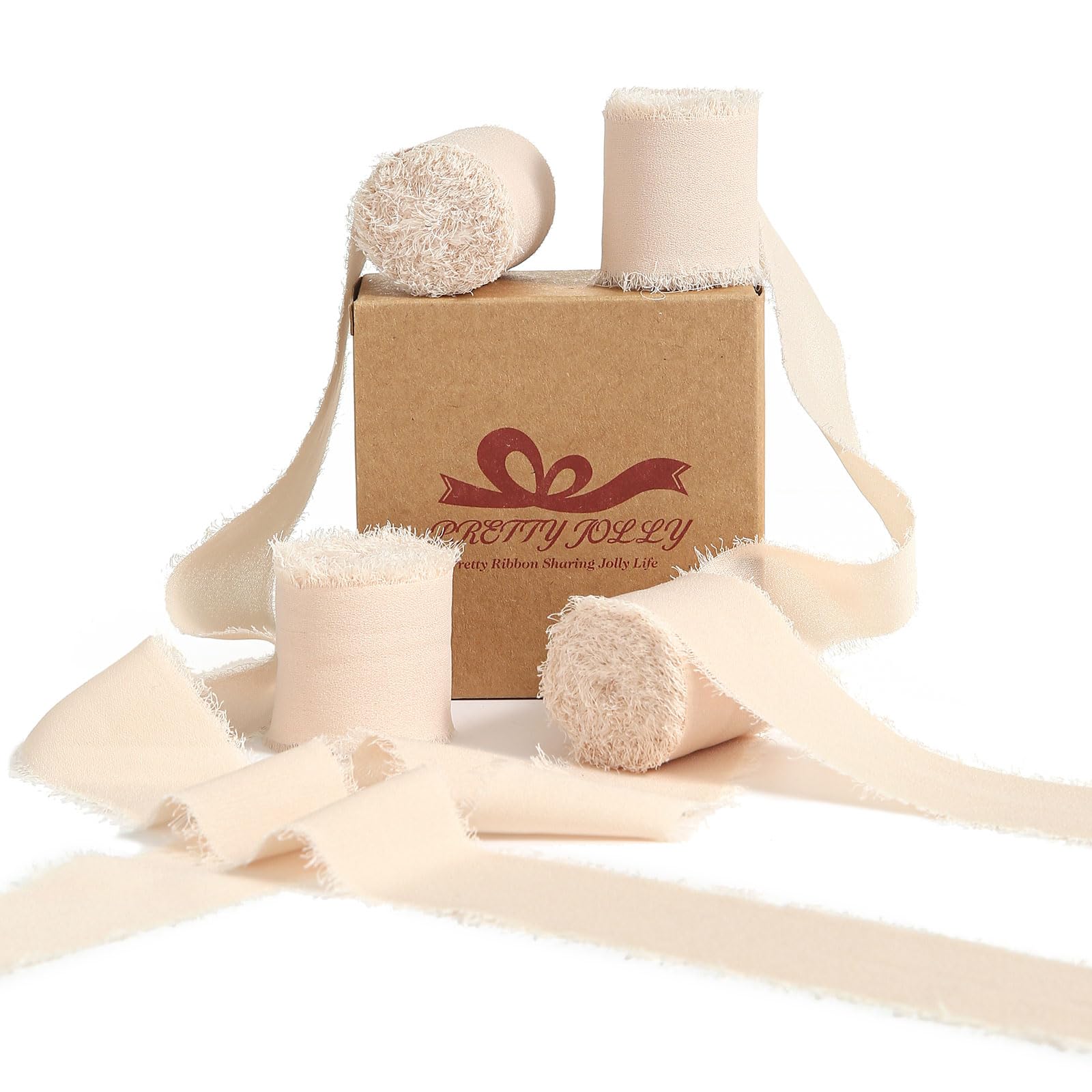 Pretty Jolly Beige Chiffon Ribbon for Gift Wrapping 4 Rolls 1 1/2 Inch x 5Yd Silk Ribbons Handmade Fringe Fabric Ribbon for Flow