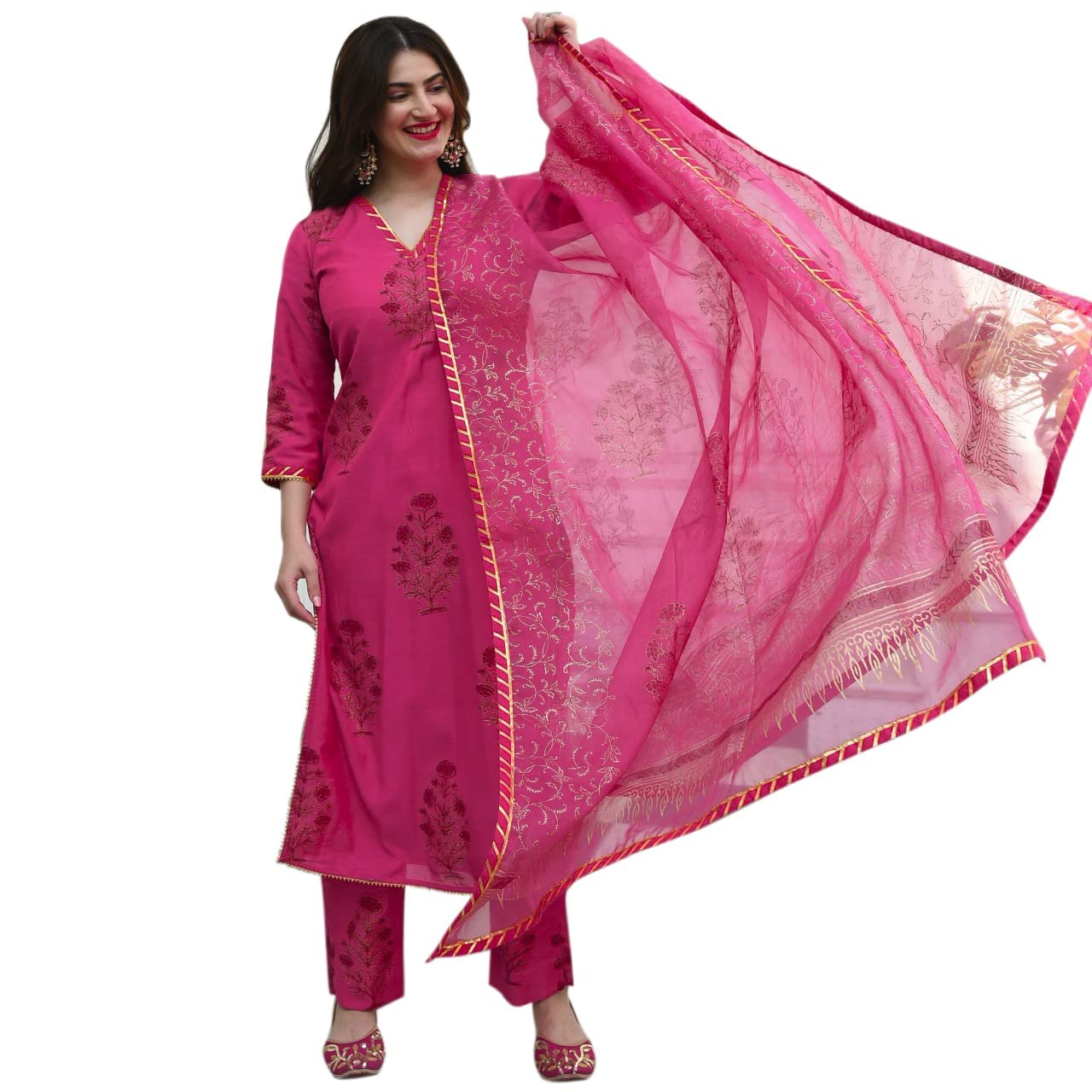 Gosriki Women'S Cotton Blend Kurta With Pant & Dupatta (Garden Pink_3Xl-Go_Pink_Xxx-Large),Pink,3,B0BBW2Z2XY