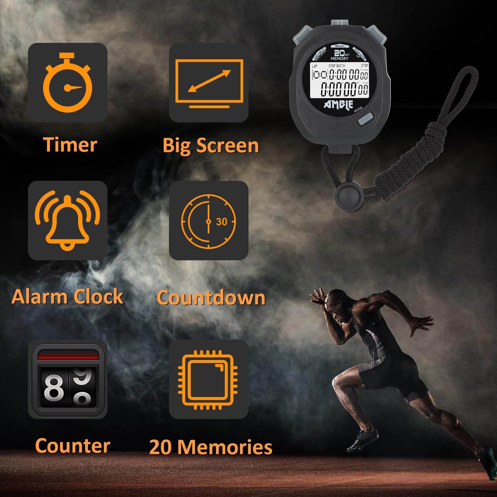Stopwatch, Amble Countdown Timer and Stopwatch Record 20 Memories Lap Split Time with Tally Counter and Calendar Clock with Alar