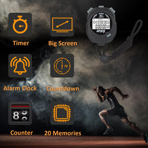 Stopwatch, Amble Countdown Timer and Stopwatch Record 20 Memories Lap Split Time with Tally Counter and Calendar Clock with Alar