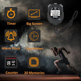 Stopwatch, Amble Countdown Timer and Stopwatch Record 20 Memories Lap Split Time with Tally Counter and Calendar Clock with Alar