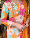 Anni Designer Women'S Cotton Blend Embroidered Floral Printed Straight Kurta With Pant & Dupatta (Litup-Orange_S_Orange_Small),Orange,S,Cotton Blend,Regular,Dupatta