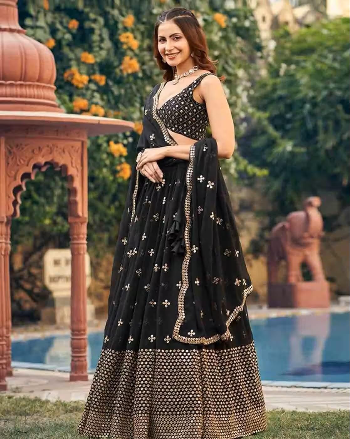 Fashion Basket Georgette Stiched Lehenga Set For Women (Black)