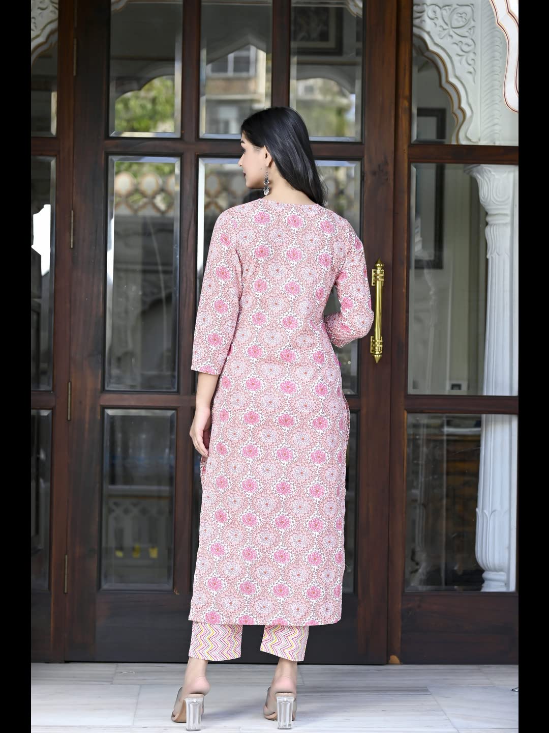 Anni Designer Women'S Cotton Blend Printed Straight Kurta With Pant (Achu Pink-Cmd_M_Pink_Medium),Pink,M,Cotton Blend,Regular,Kurta
