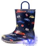 Outee Toddler Boys Rain Boots Little Kids Baby Light Up Printed Waterproof Mud Shoes Blue Dinosaur Lightweight Rubber Adorable with Easy-On Handles Non Slip (Size 1,BLue)