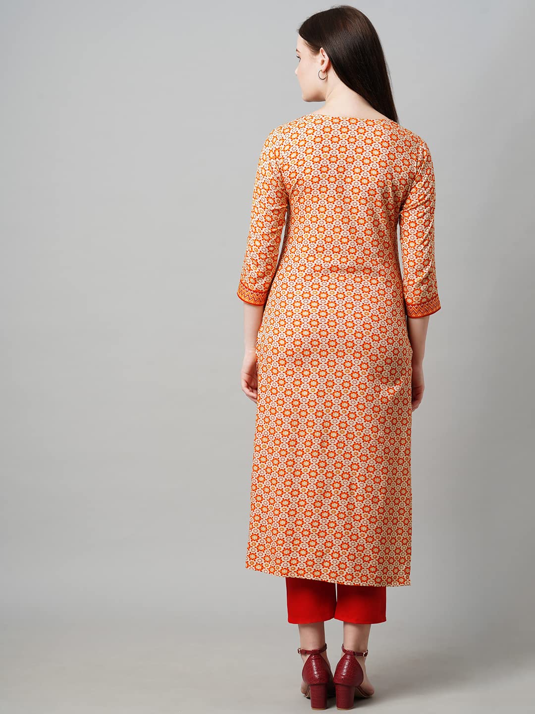 Anni Designer Women'S Cotton Blend Traditional Straight Printed Kurta And Pant Set (09 Amd Orange_L_Orange_Large),Orange,L,Cotton Blend,Regular,Pants