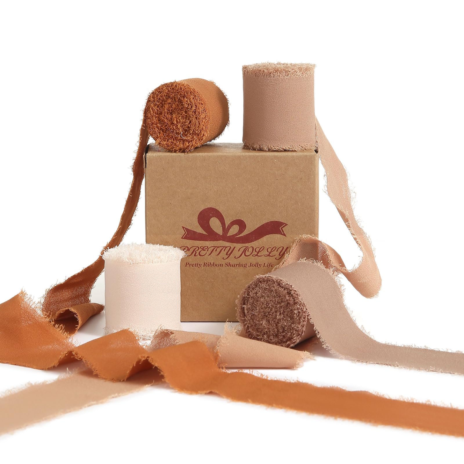 Pretty Jolly Brown Set Chiffon Ribbon for Gift Wrapping 4 Rolls 1 1/2 Inch x 5Yd Silk Ribbons Handmade Fringe Fabric Ribbon for 