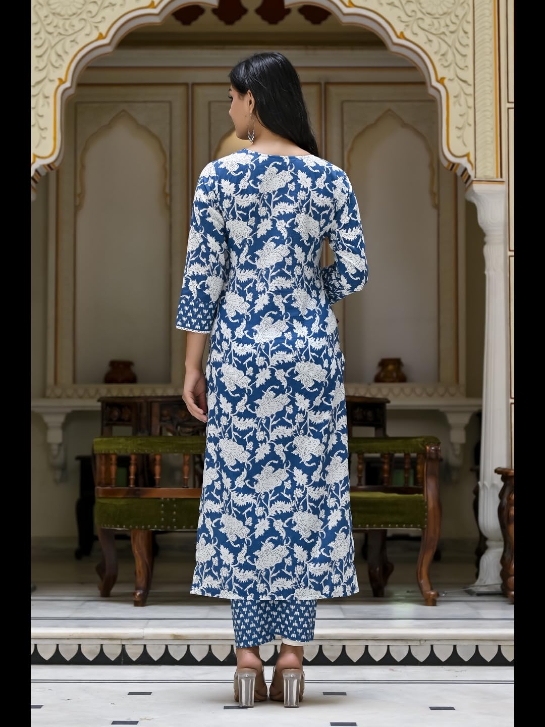 Anni Designer Women'S Cotton Blend Printed Straight Kurta With Pant (Pustak Blue-Ner_Xl_Blue_X-Large),Blue,XL,Cotton Blend,Regular,Kurta