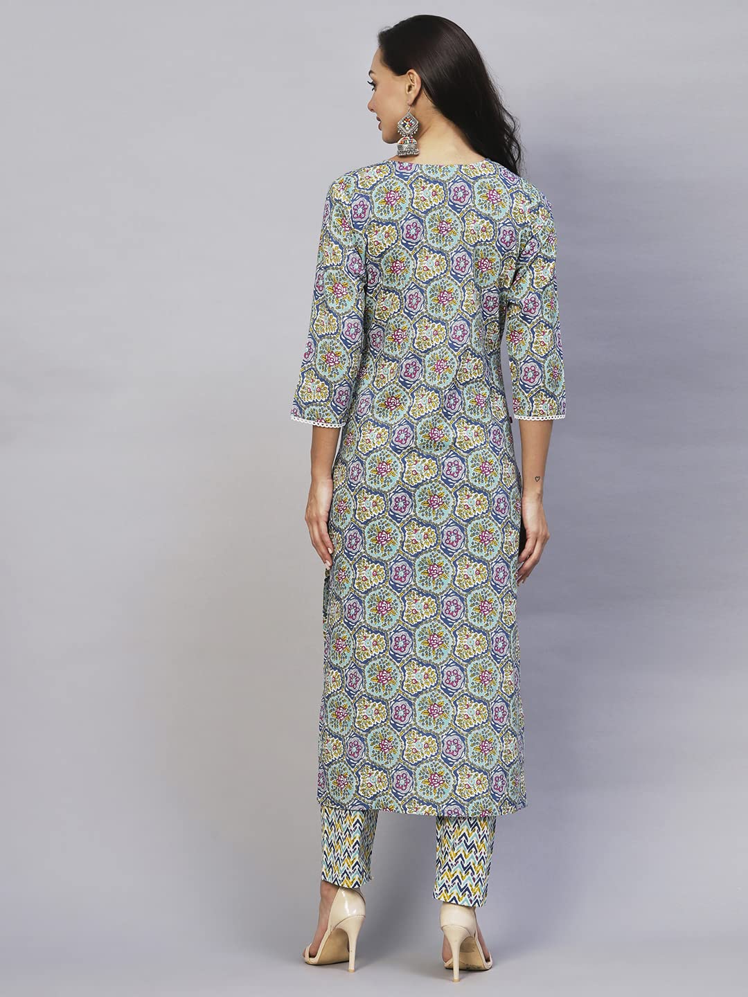 Gosriki Women'S Cotton Blend Printed Straight Kurta With Pant (Guru Blue-Gs_M_Blue_Medium),Blue,,B0C2PHLN1M