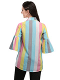 Wedani Women'S Casual Bell Sleeves Colour Block Women'S Multicolour Top Blue,Blue,L,Polyester,A-Line,