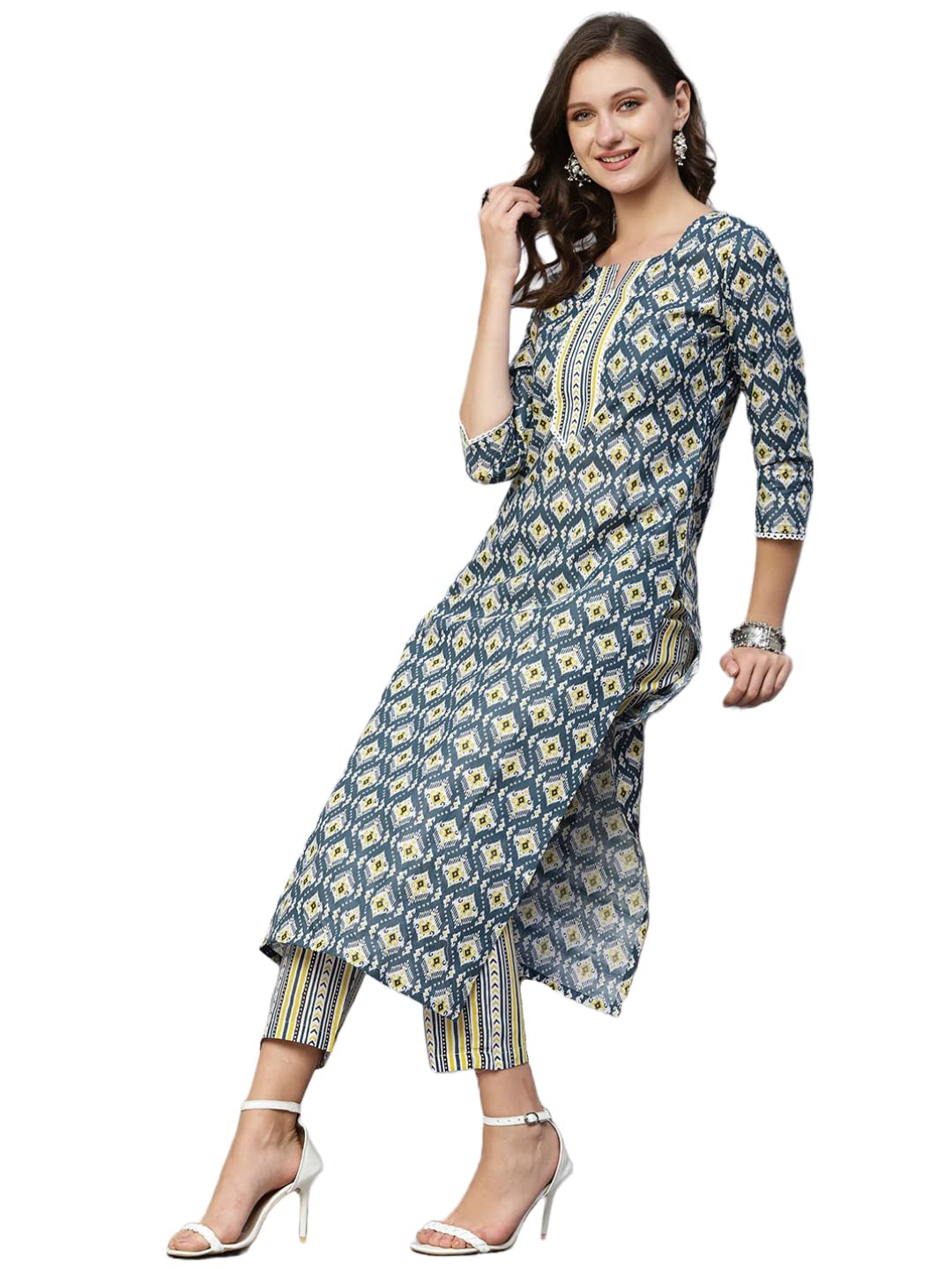 Gosriki Women'S Cotton Blend Straight Printed Kurta With Pant Set (Tbh Blue-Gs_M_Blue_Medium),Blue,,B0C3R162PF