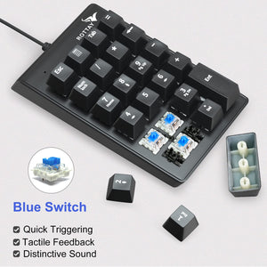 Rottay Number Pad, Mechanical USB Wired Numeric Keypad with Blue LED Backlit 22 Key Numpad for Laptop Desktop Computer PC Black