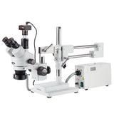 AmScope 7X-90X Simul-Focal Stereo Zoom Microscope on Boom Stand with Fiber Light and 10MP Camera