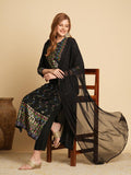 Anni Designer Women'S Cotton Blend Straight Printed Kurta With Pant & Dupatta (Kamita Black-Nw_S_Black_Small),Black,S,,,