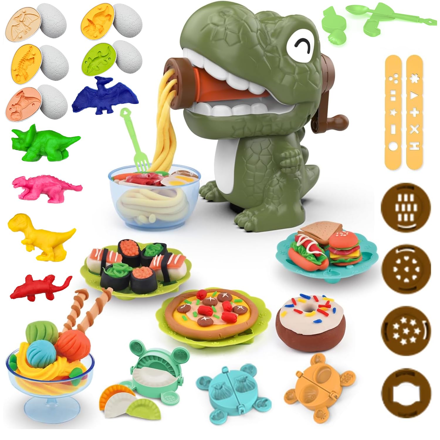Dinosaur Noodle Maker Play Dough Set for Kids 3-8, Pattheboo 36 PCS Kitchen Toys with Dinosaur Egg Molds, Color Dough for Noodle
