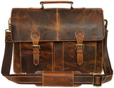 RUSTIC TOWN Handcrafted 16-inch Brown Leather Shoulder Briefcase Messenger Bags Men's 15.6 inch Laptop Satchel