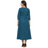 Idalia Pure Cotton 3/4 Sleeve,Round Neck Striped Flared Blue Kurta For Women Teal S