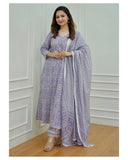 Anni Designer Women'S Cotton Blend Floral Straight Kurta With Pant & Dupatta (Nihira_Purple_Small),Purple,S,Cotton Blend,Nihira Blue_206,