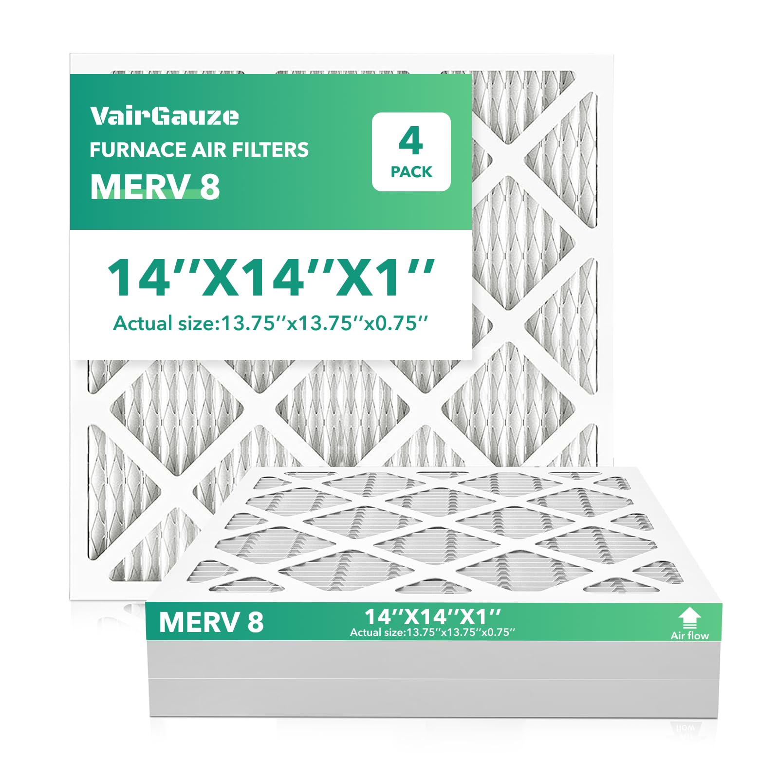 14x14x1 Air Filter 4 PACK, MERV 8 MPR 600 Pleated HVAC AC Furnace Dust Defense Air Filters Replacement (Actual Size: 13.75x13.75
