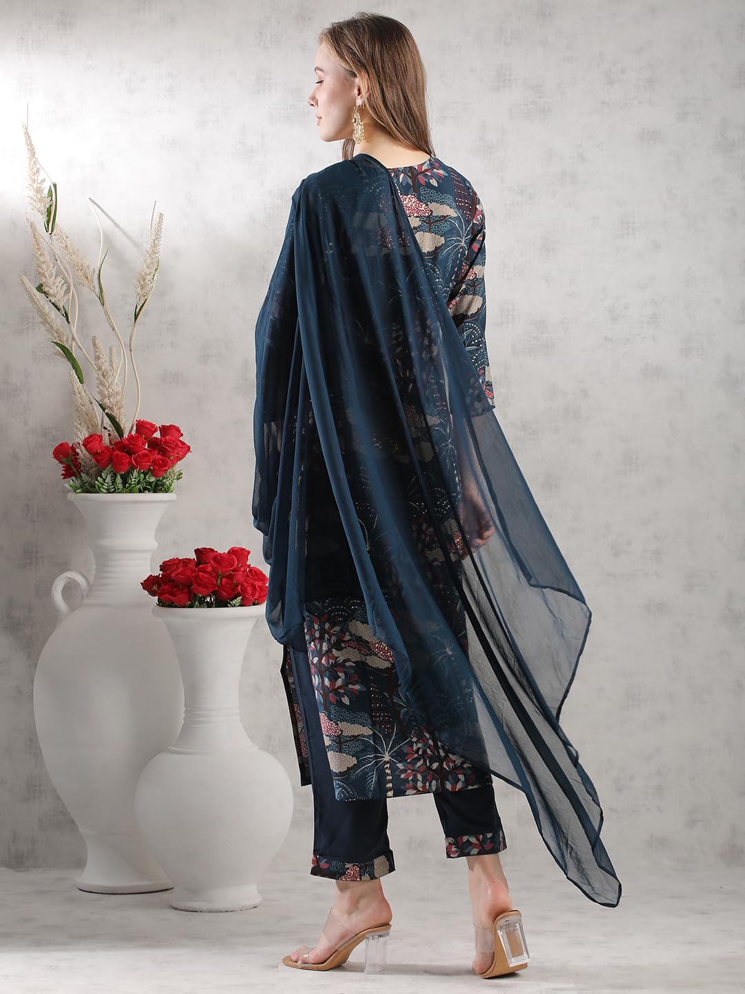 Anni Designer Women'S Rayon Blend Straight Printed Kurta With Pant & Dupatta (Sunawal Blue_L_Blue_Large),Blue,L,Rayon Blend,Regular,