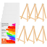 Canvas Boards with Easel for Painting 6 Pack 8 x 10 Inch Painting Canvas Panels with Pine Easels, Blank Canvas Beginner Kit for 