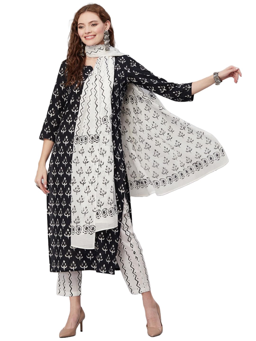 Anni Designer Women'S Cotton Blend Printed Straight Kurta With Pant & Dupatta (Umangi-Black_L_Black_Large),Black,L