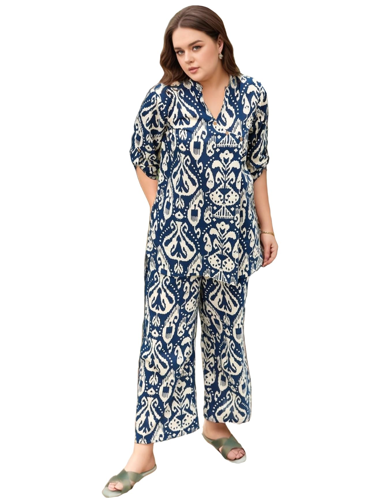 Anni Designer Women'S Cotton Blend Mid Thigh Printed Co-Ord Set/Pajama Set (J111 Blue Co-Ord-Nw_Xxl_Blue_Xx-Large),Blue,2XL