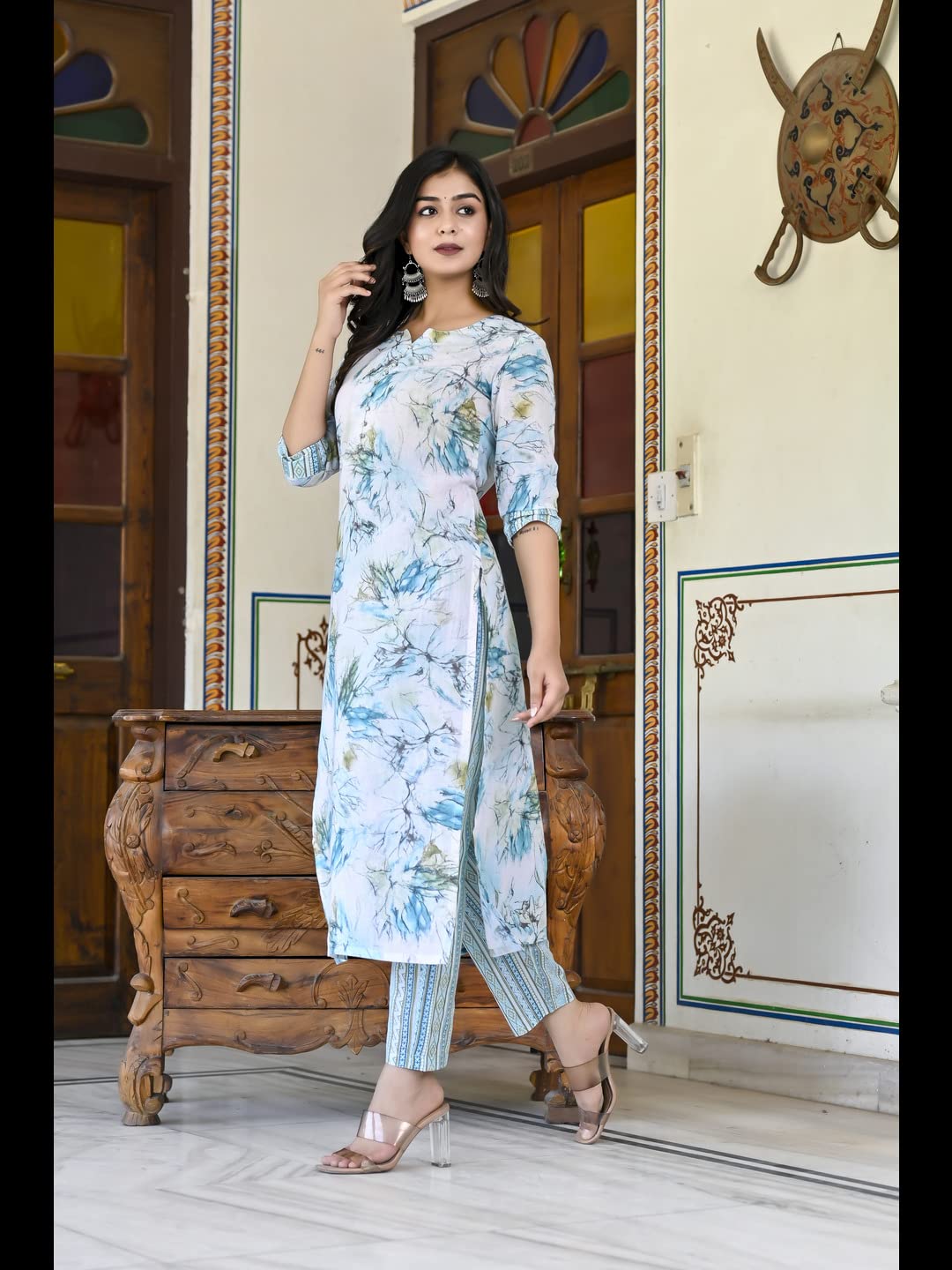Gosriki Women'S Cotton Blend Printed Straight Kurta With Pant (Ps-Rama-Green-Cmd-Gs_3Xl_Green_Xxx-Large),Blue,3,B0C6GWPFDT