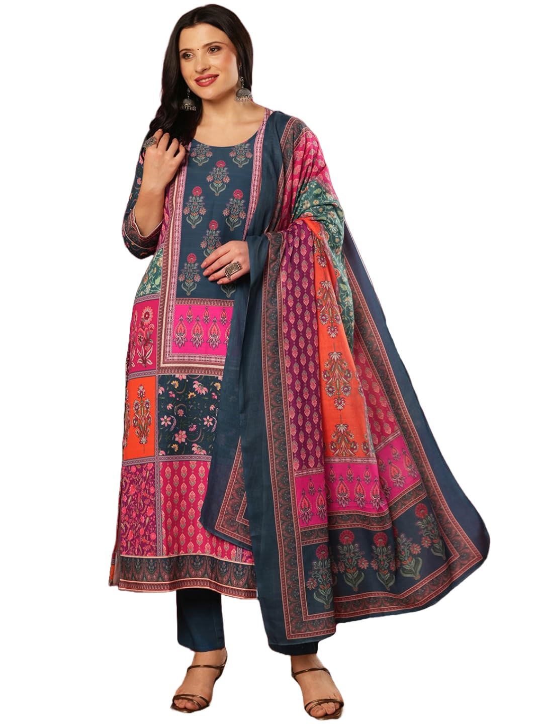 Anni Designer Women'S Rayon Viscose Printed Straight Kurta With Pant & Dupatta (Sula Multi-Vks03_Xxl_Multicolor_Xx-Large),Multicolour,2XL,,,