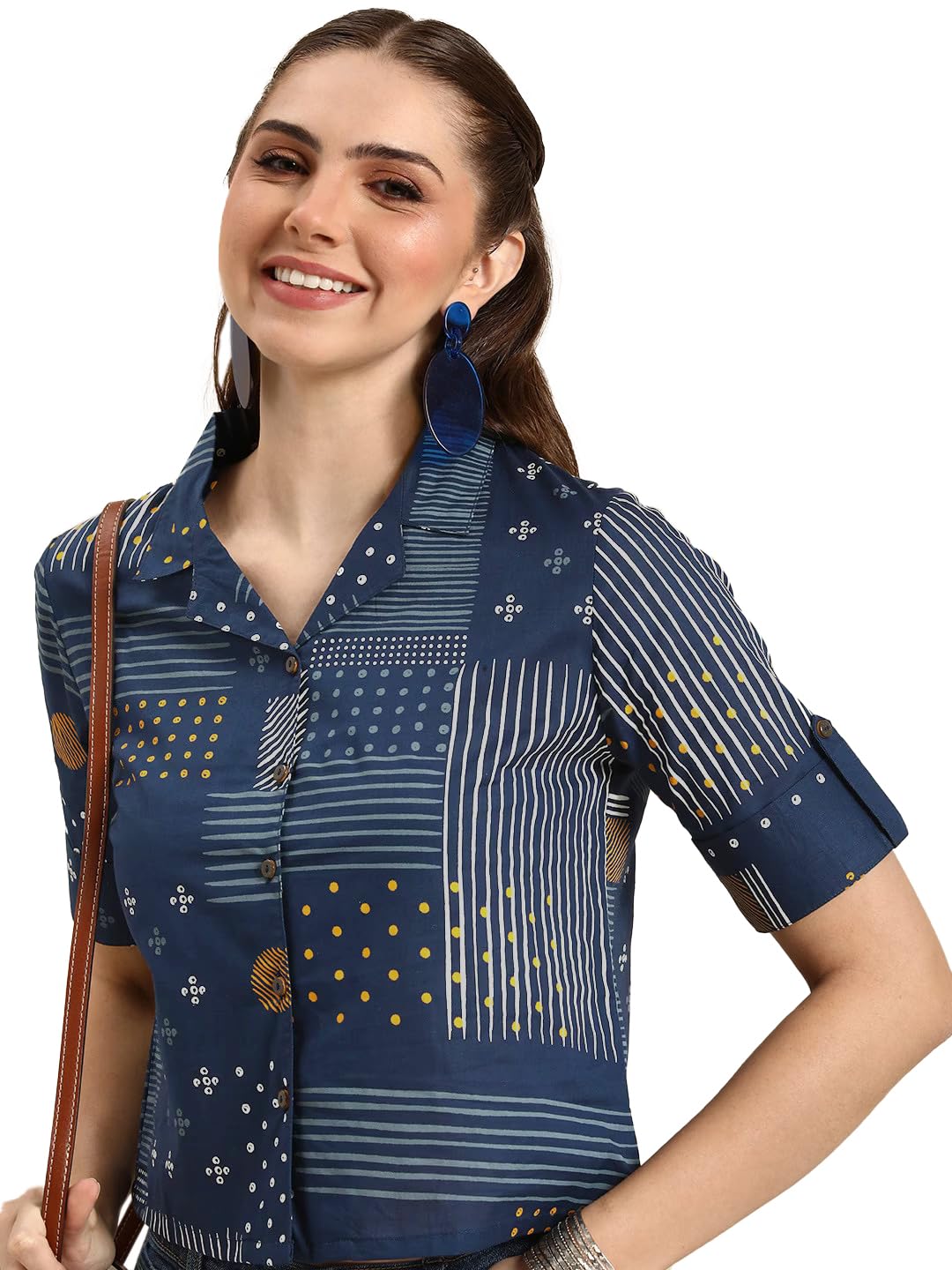 Toplot Crop Shirt For Women With Collared V Neck (Crop-Shirt-5153-Navy-Xl),Navy,,B0CVV17YXG