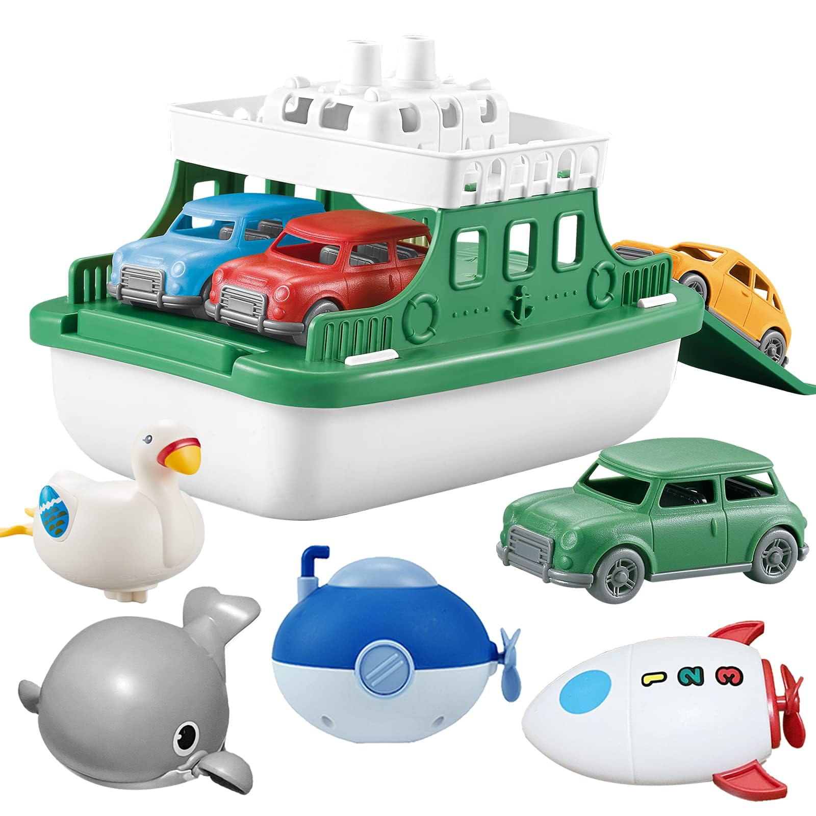 OKGIUGN Ferry Boat with 4 Car and 4 Wind Up Bath Swimming Toys, Kids Bath Toy Floating Vehicle Whales Submarines Swans Rockets, 