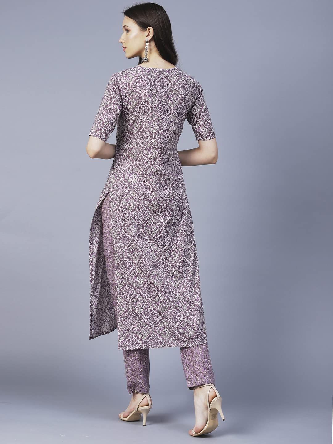 Anni Designer Women'S Cotton Blend Printed Straight Kurta With Pant (Batakli-Purple_Xl_Purple_X-Large),Purple,XL,Cotton Blend,Regular,Pants
