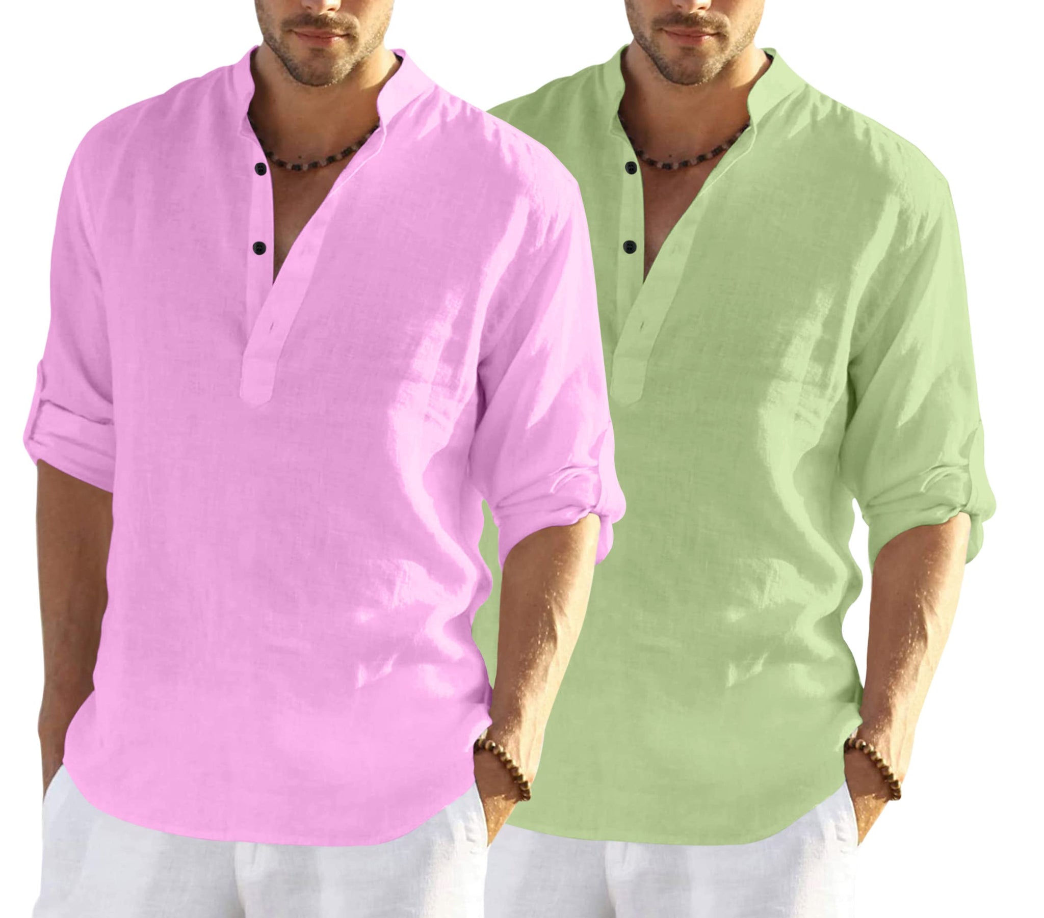 Bellstone Men'S Cotton Blend Solid Regular Dress Shirt (Kurta800_Combo Pink_Light Green_M