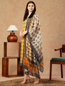 Gosriki Women'S Cotton Blend Straight Printed Kurta With Pant & Dupatta (Uchiha Mustard-Fka-Gs_3Xl_Mustard_Xxx-Large),Mustard,3,B0CTXH7M9C