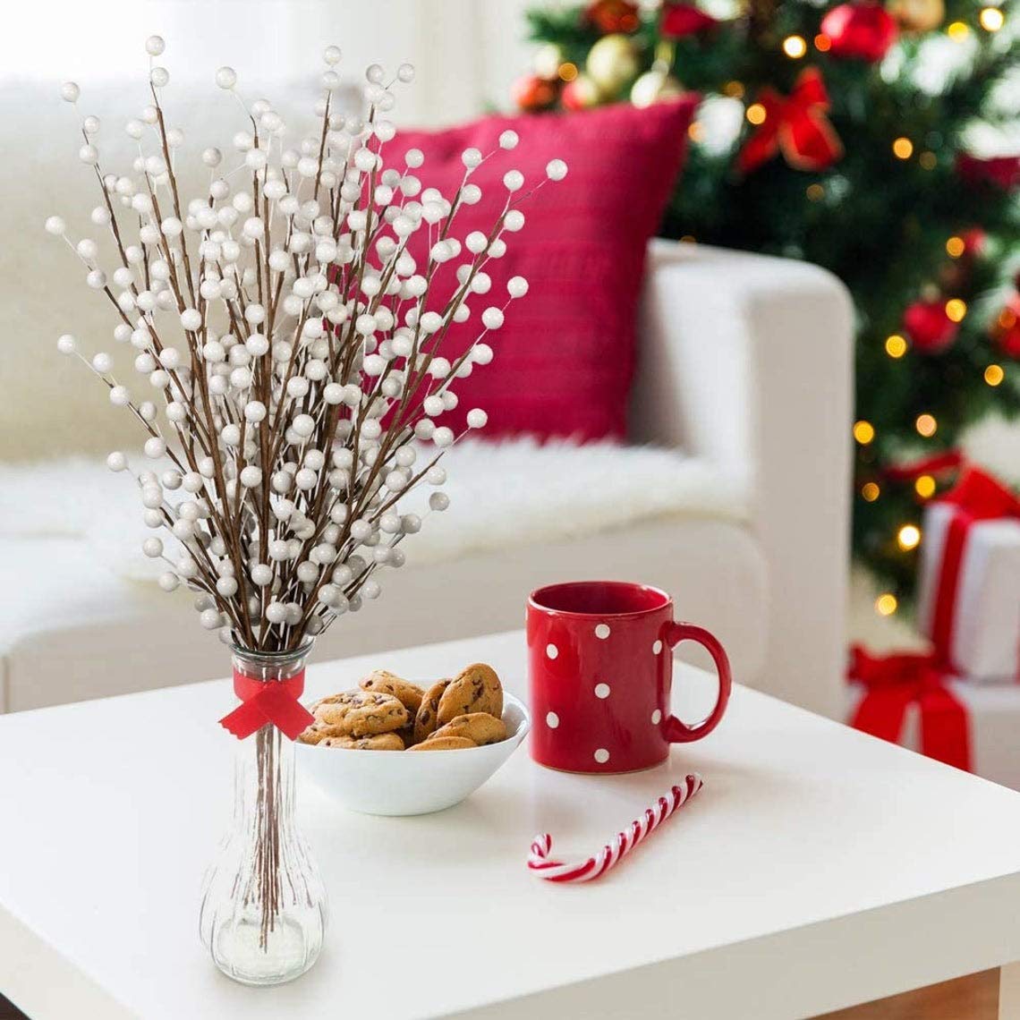 Larksilk 12 White Holly Berry Stem Picks - 17 Decorative Wire Stem Branch Sprays for Christmas Tree Decoration, Holiday D cor, 