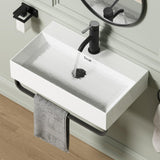 Wall Mount Rectangular Vessel Sink with Towel Rack, QISHKA 24x14 Modern Ceramic Bathroom Floating Sink, White Rectangle Vanity S