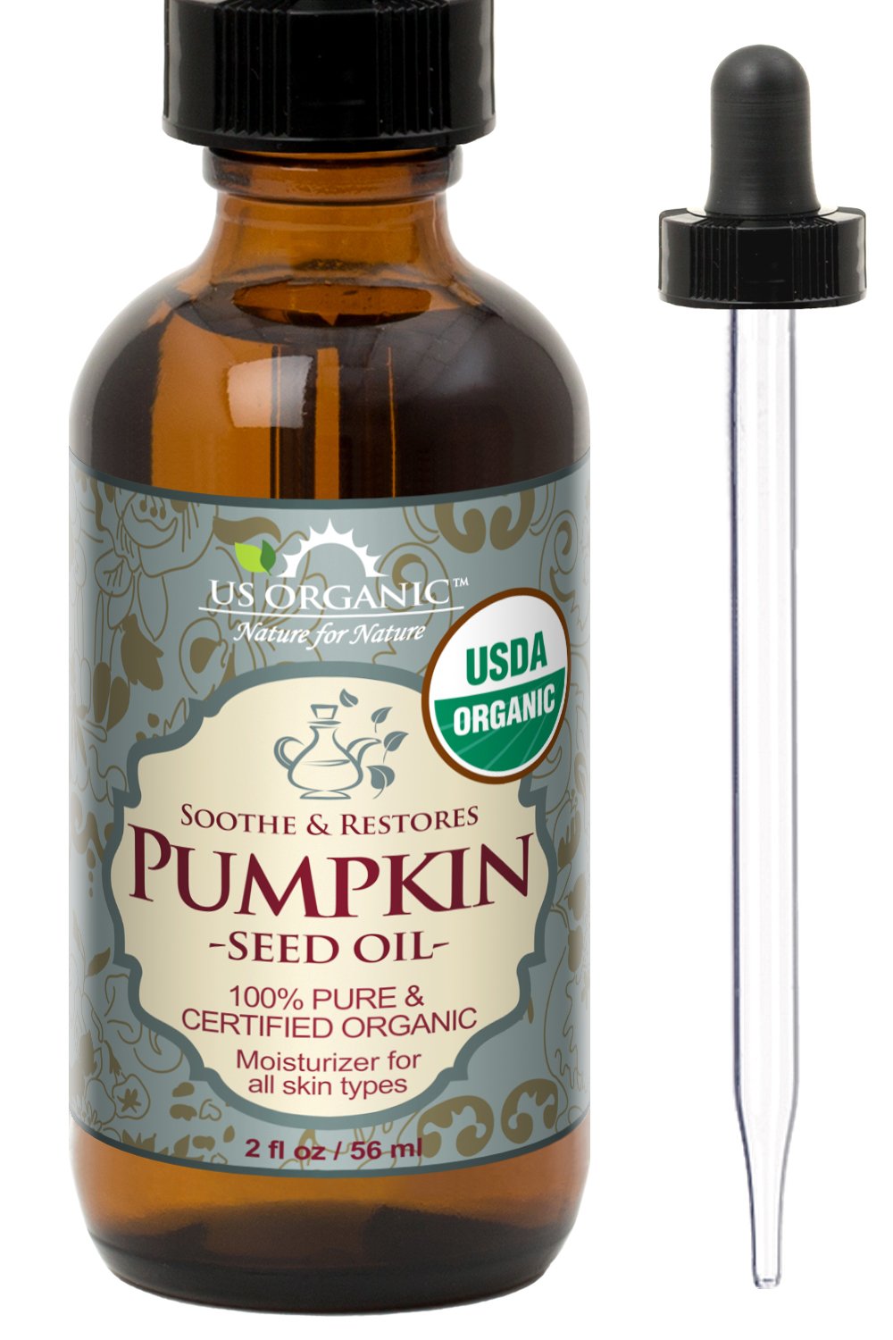 US Organic Pumpkin Seed Oil, USDA Certified Organic, Pure, Natural, Cold Pressed Virgin, Unrefined in Amber Glass Bottle w/Glass