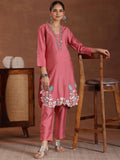 Libas Womens Embroidered Silk Blend Co-Ord Set For Women Coral Xs