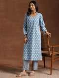 Libas Womens Printed Cotton A-Line Kurta With Trousers Blue Xl