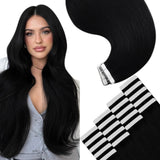 YoungSee Black Tape in Hair Extensions Real Human Hair 14Inch Invisible Tape in Hair Extensions Human Hair Jet Black 50g Tape Ex