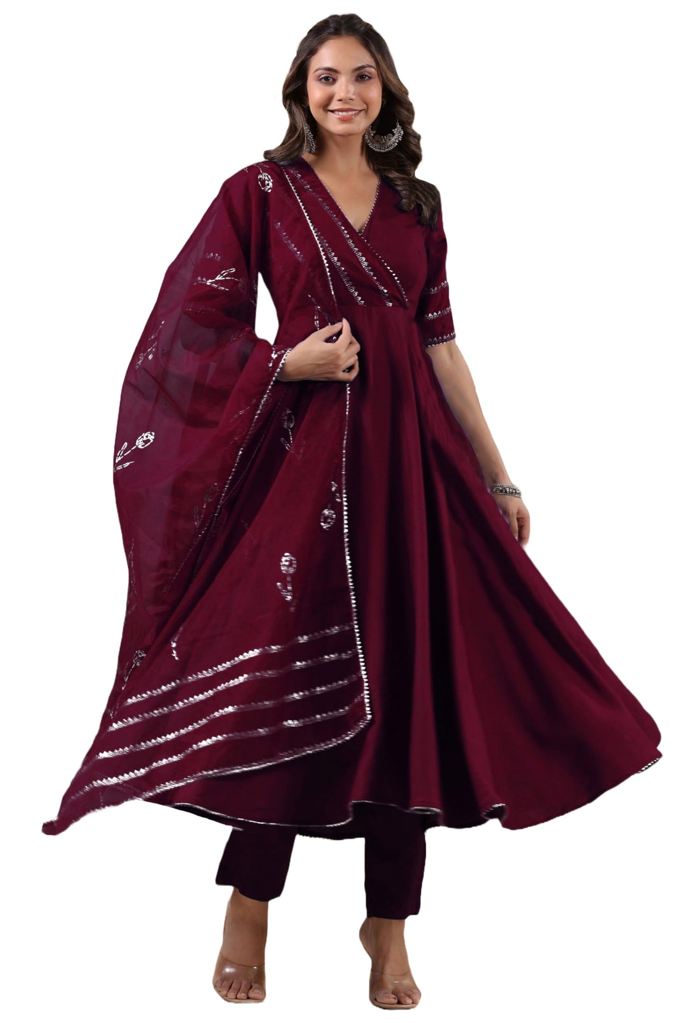 Anni Designer Women'S Rayon Blend Anarkali Solid Kurta With Pant & Dupatta (Nirmooha Wine-Vks01_M_Wine_Medium),Wine,M,,,