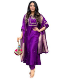 GoSriKi Ladies Silk Blend Straight Embroidered Kurta with Trousers and Dupatta, Begani, 54