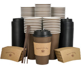 LITOPAK 100 Pack 16 oz Paper Coffee Cups, Brown Disposable Coffee Cups with Lids, Sleeves, Sticks, Drinking Cups for Hot Coffee,