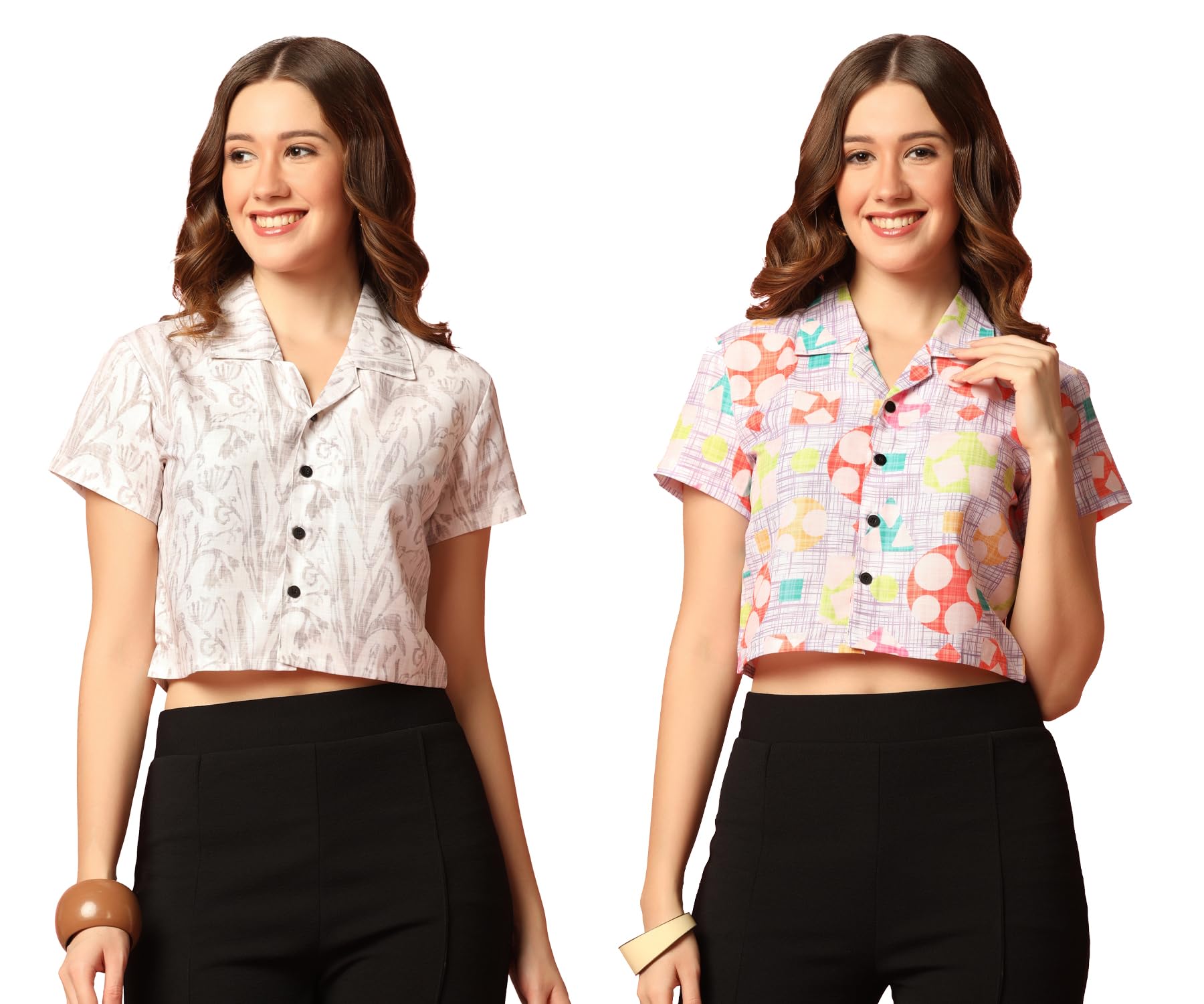 Toplot Women'S Casual Printed Crop Shirt With Half Sleeve Pack Of 2 (Combo-5059-Mlt-Wht-Xs),Multi-White,,B0CFTZH5G4