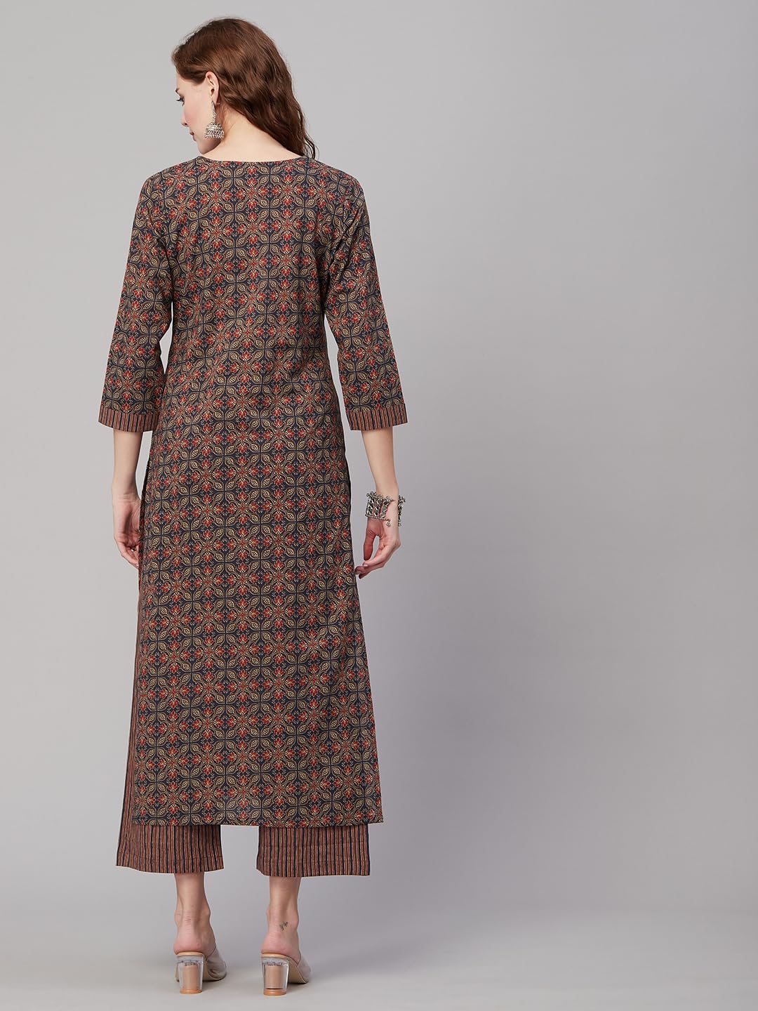 Anni Designer Women'S Cotton Blend Printed Straight Kurta With Pant (Pini Black_Xl_Black_X-Large),Blue,XL,Cotton Blend,Regular,Kurta